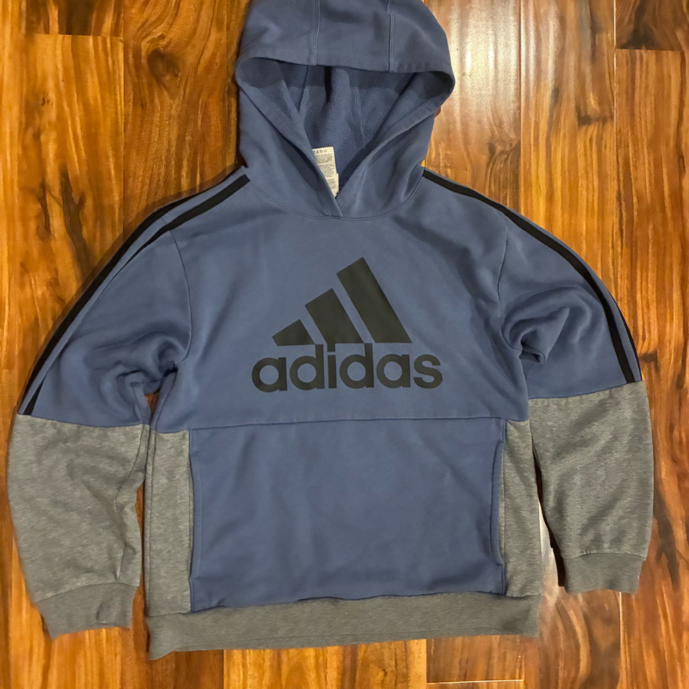 Adidas Boys Blue & Gray Long Sleeves‎ Side Stripe Fleece Hoodie Size Large